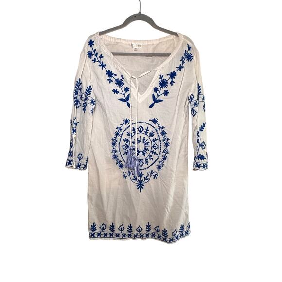 Debbie Katz White Blue Embroidered Boho Beach Cover Up Dress Size M - Picture 1 of 4